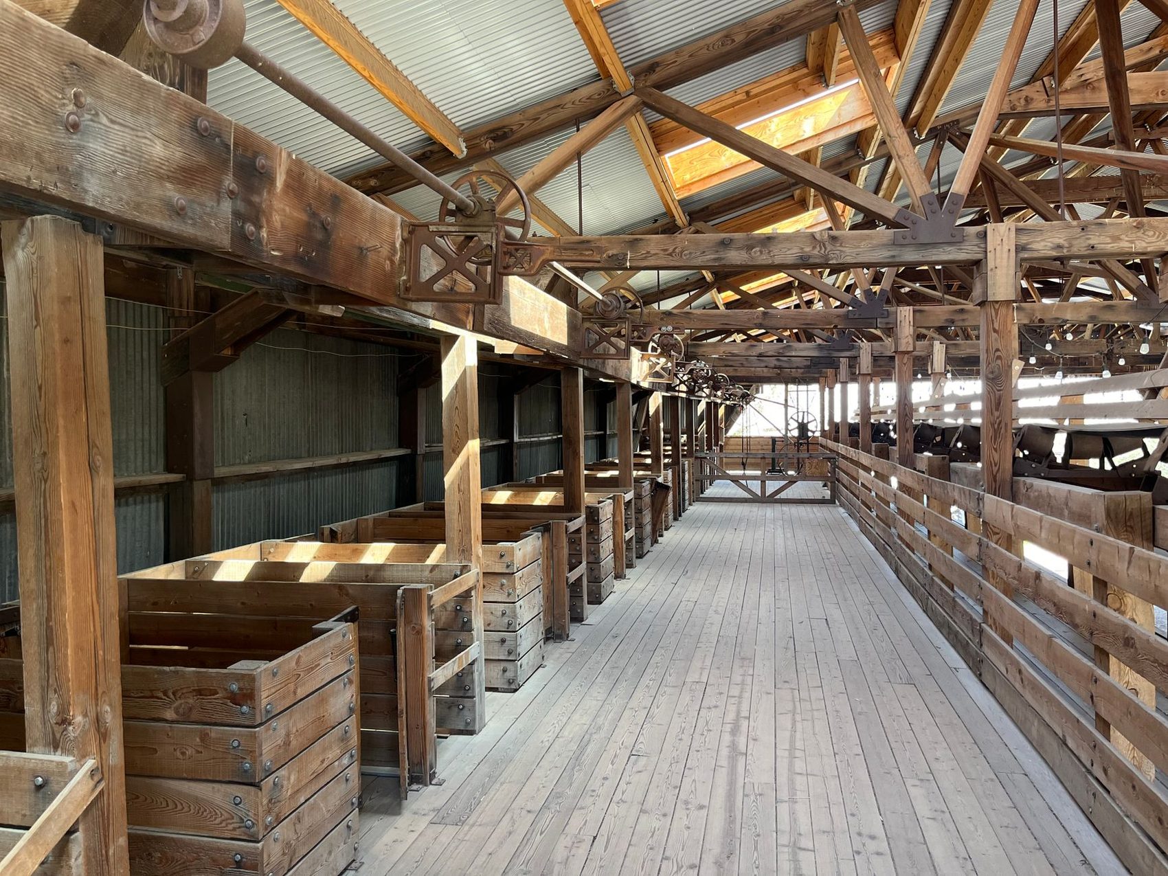 Timber beams inside a historic barn